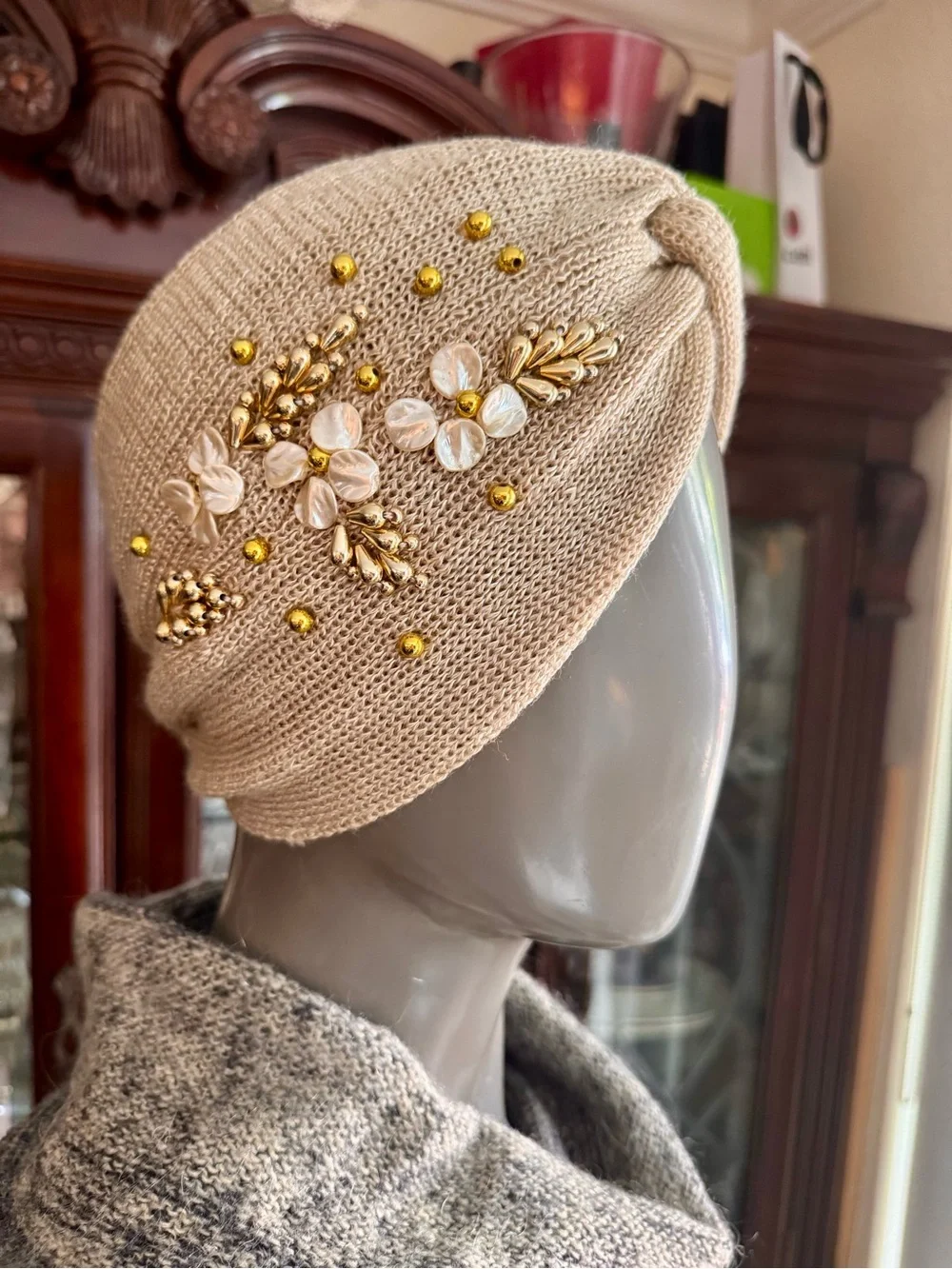 Anthropologie Beaded Knit Turban Headband Ear Warmer - Beige & Gold Boho